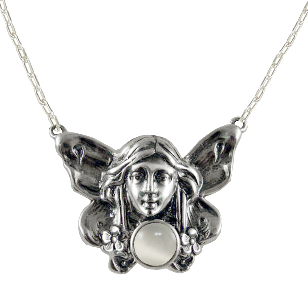 Sterling Silver Victorian Winged Fairy Necklace With White Moonstone